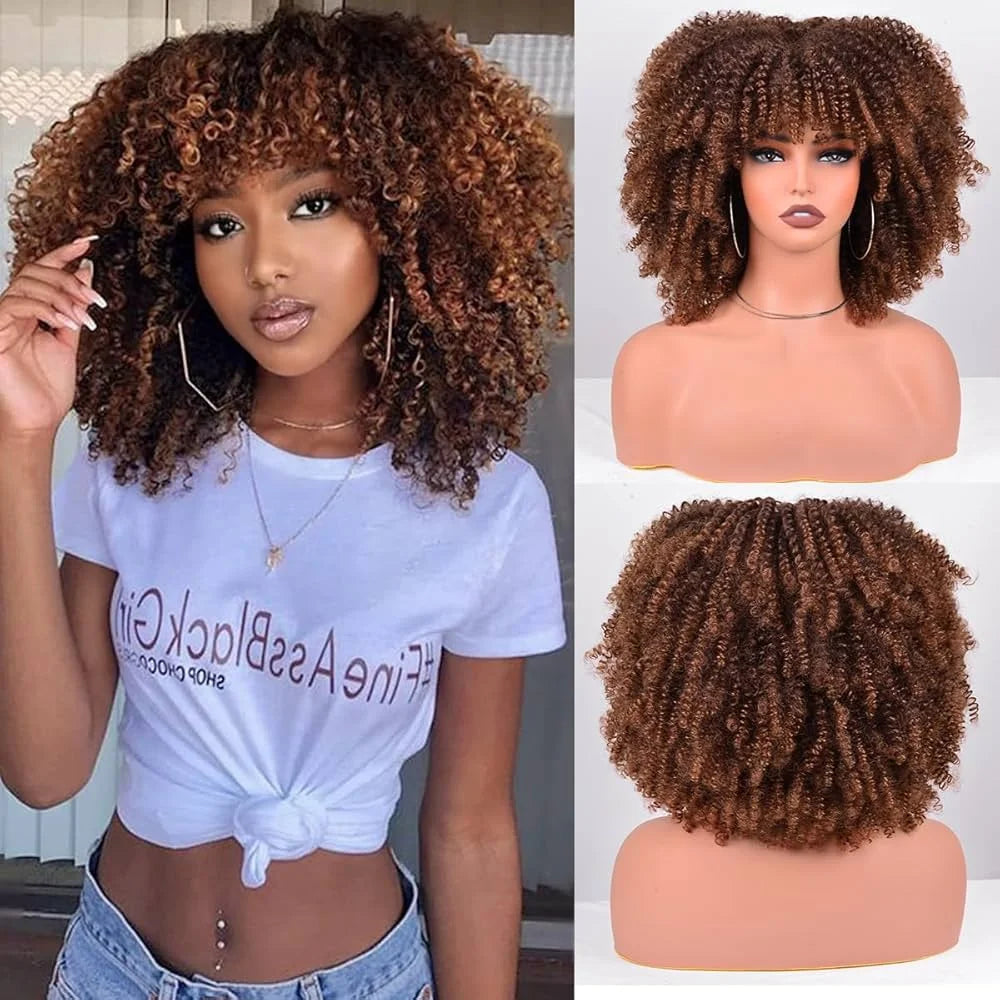 16 Inch Black Brown Natural Looking Synthetic Hair Afro Curly Wig for Black Women Kinky Curly Wig with Bang Short Curly Bob Hair