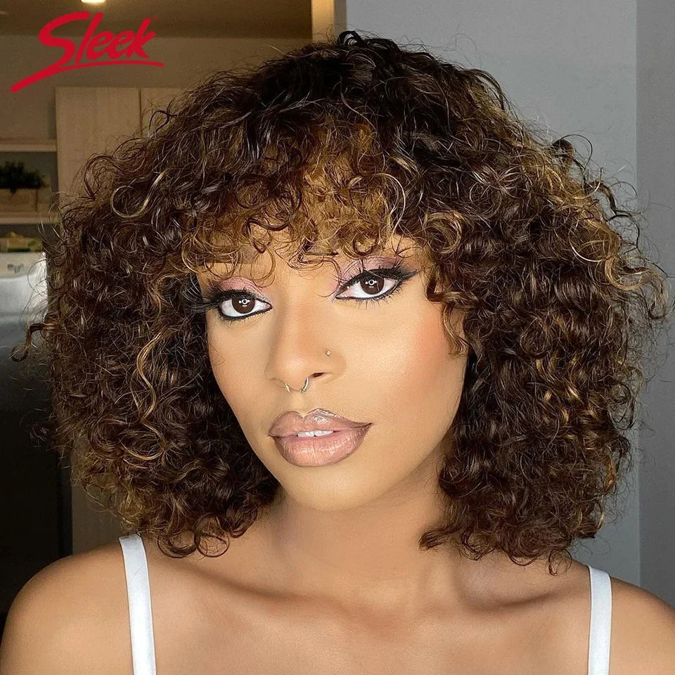 Brazilian Jerry Curly Short Bob Human Hair Wigs With Bang Wear To Go Glueless Wig Highlight Water Wave Blonde Wig For Women