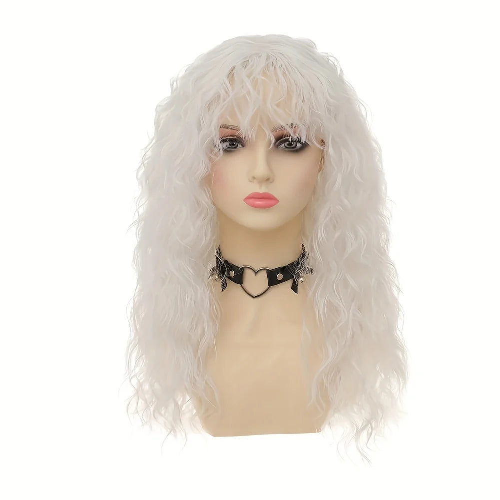 Black Curly Wigs With Bangs For Women Long Curly Wavy Wig Synthetic Layered 80s Rocker Wig Long Soft Curly Wavy Hair