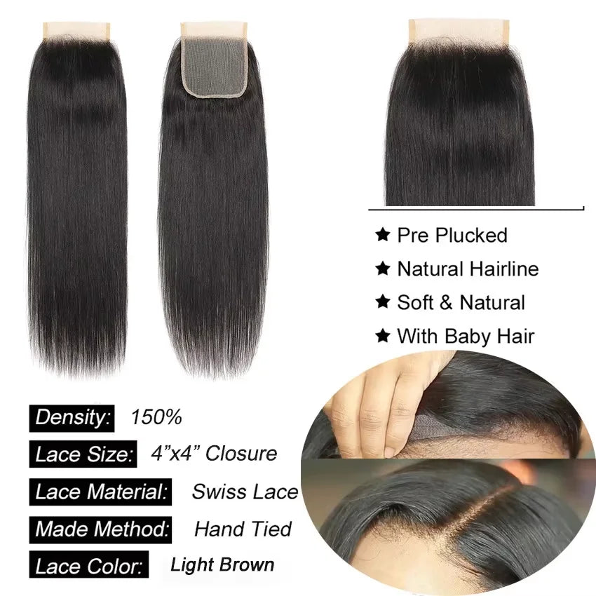 Peruvian Hair Bone Straight Human Hair Bundles With 4x4 HD Transparent Lace Closure 100% Virgin Human Hair Bundles Extension