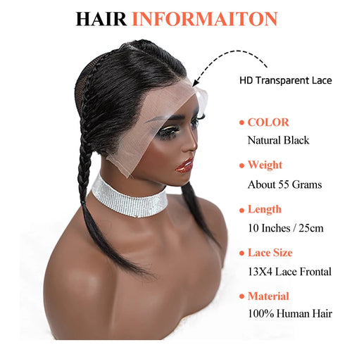 10inches 13x4inch Lace Front plait wig black Gele frontal Wig 100% Human Hair with Baby Hair Wig for Women