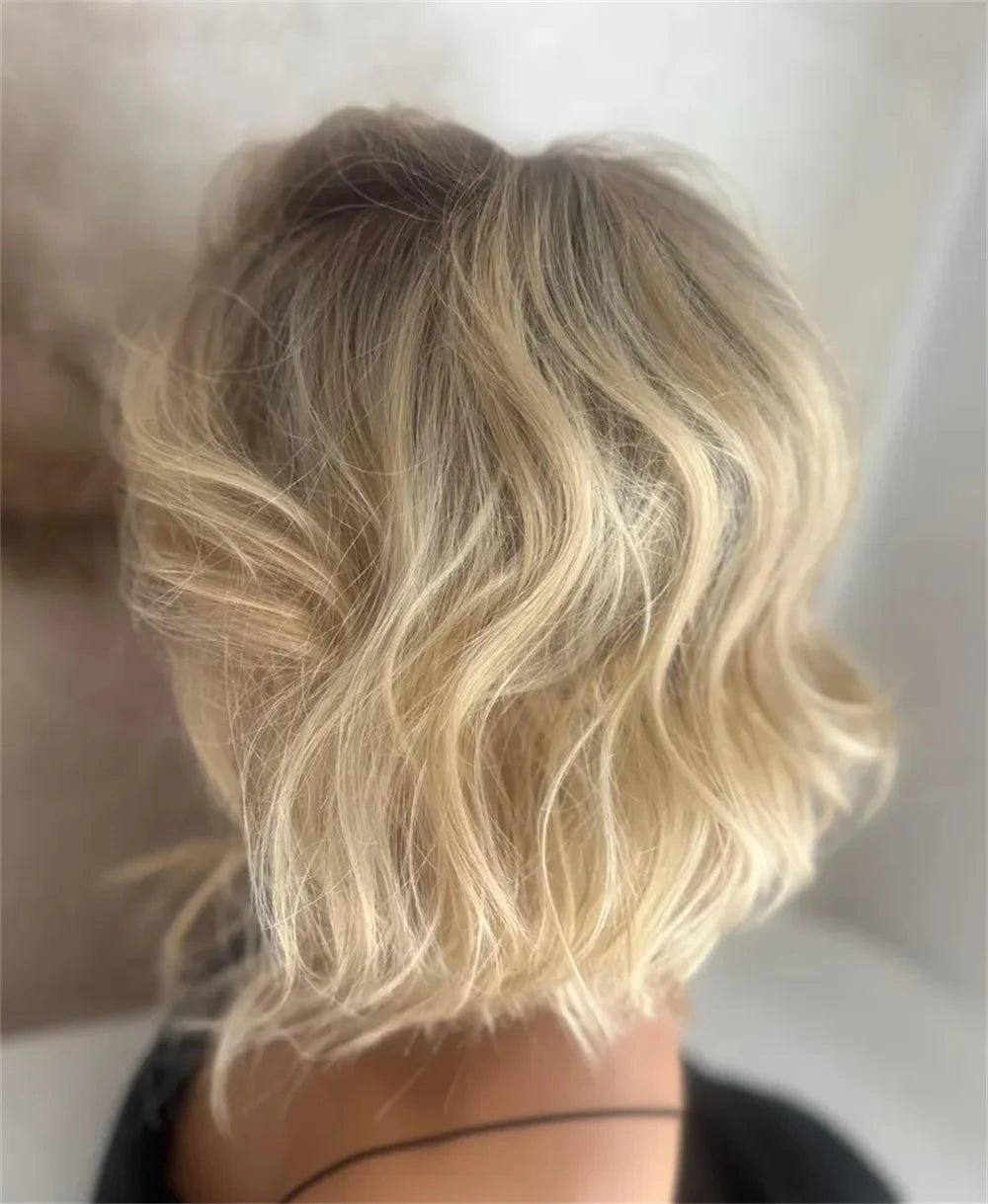 Layered Short Wave Bob Wig Warm Blonde Highlights Lace Front Wig Heat Resistant Fiber Dark Roots Realistic Look Free Part Wig