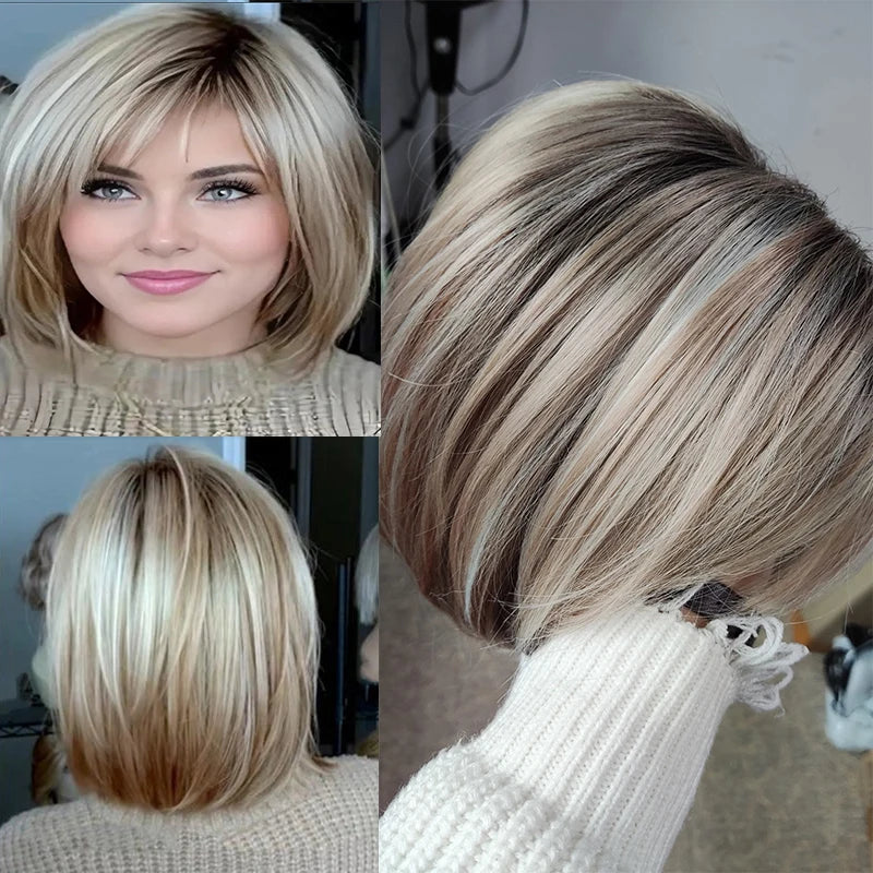 Women's Fashion Bob Hair Short Blonde Bob Wigs with Bangs Black Roots Straight Synthetic Ombre Hair Party Wig for Lady