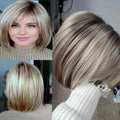 Women's Fashion Bob Hair Short Blonde Bob Wigs with Bangs Black Roots Straight Synthetic Ombre Hair Party Wig for Lady