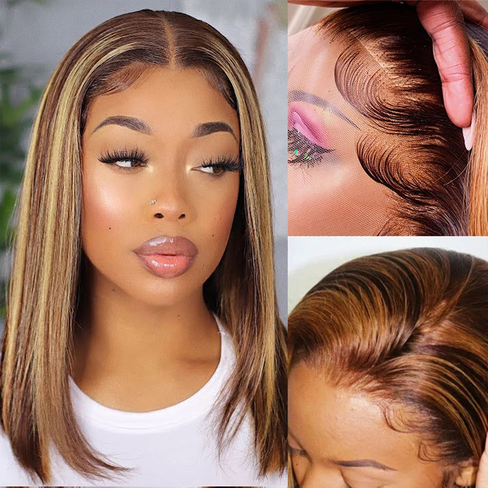 Highlight Wig Human Hair Bob Wig Straight Lace Front Wig Remy Brazilian Short Bob Human Hair Wigs For Women T Lace Human Hair