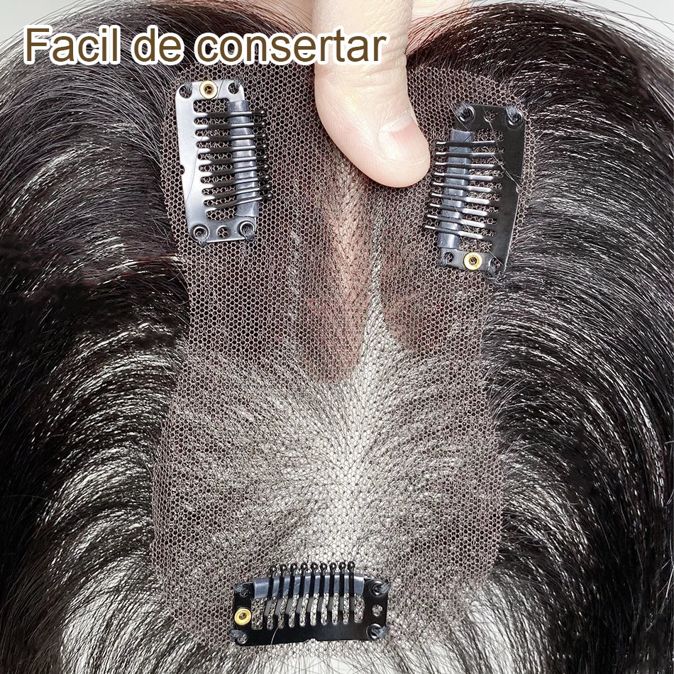100% Real Human Hair Toppers with Bangs Silk Base 3Clip Pieces Brown Straight Human Topper Hairs for Women Hair Extension