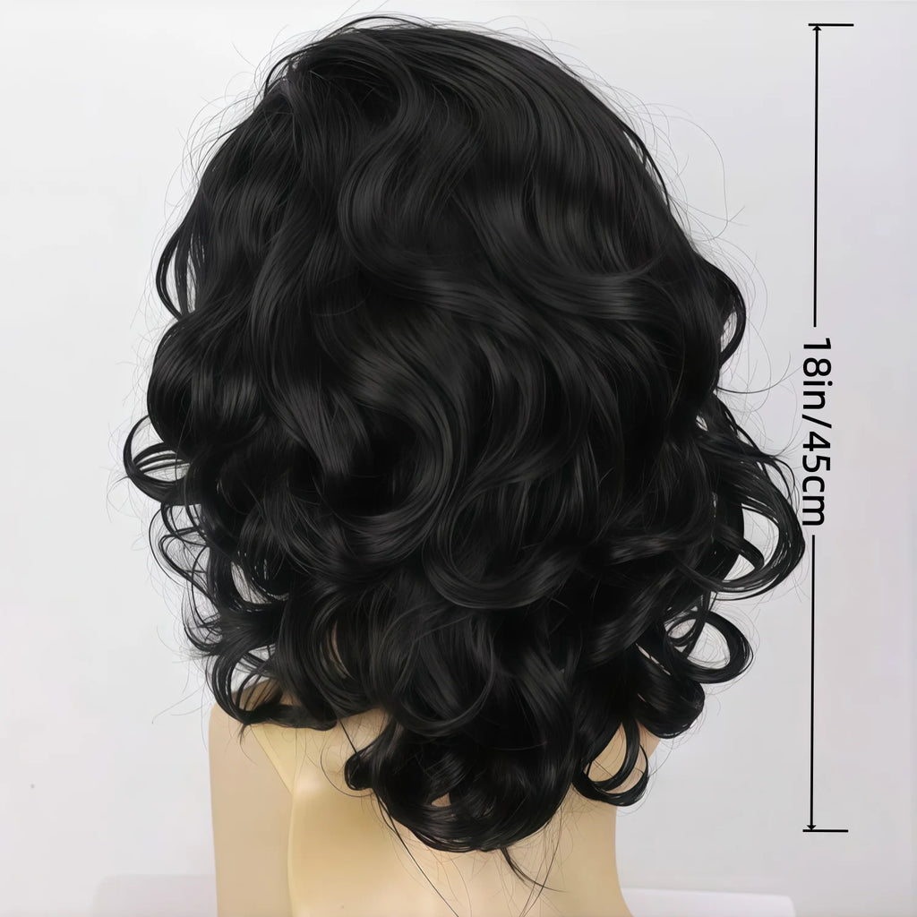 Men's and Women's Medium to Long Wavy Wig with Bangs and Curly Hair, Black Short Curly Synthetic Wig, Natural Wavy Black Brown