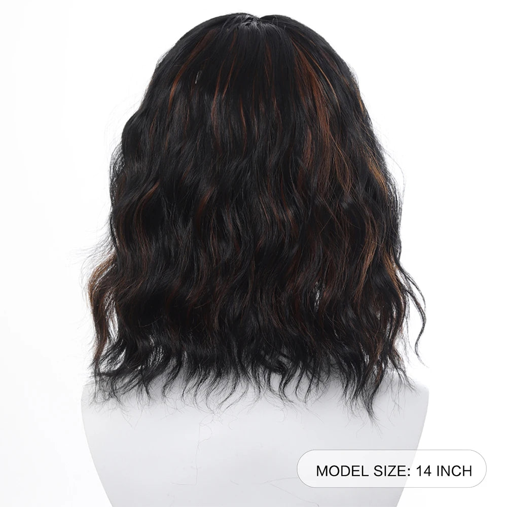 Natural Black Short Curly Wig for Women - Shoulder Length Wavy Bob with Bangs | Synthetic Heat-Resistant Hair