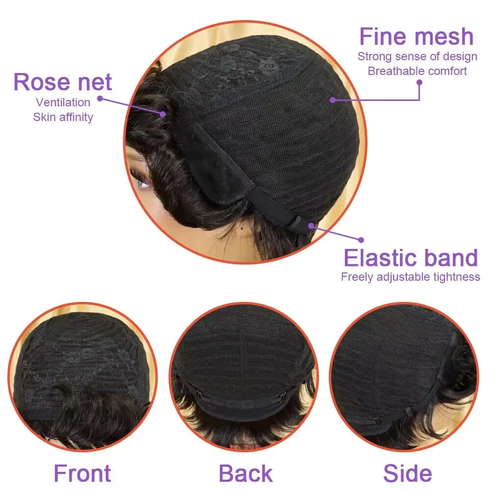 Short Bob Wig Pixie Cut Curly Human Hair Wigs For Women Natural and Brown Color Human Hair Machine Made Wig
