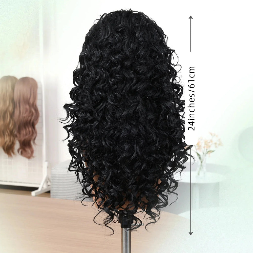 Natural Black Long Curly Synthetic Wigs for Women with Bangs Heat Resistant Hair for Daily Party Cosplay Halloween Styling