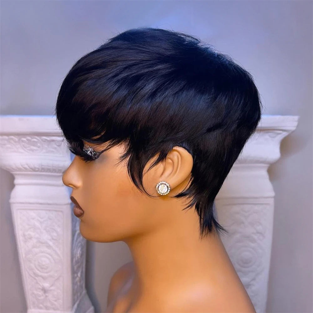 Short Straight Bob Wig Pixie Cut Wig Human Hair For Black Women With Bangs Full Machine Made Wigs Cheap Wigs Natural Black Hair