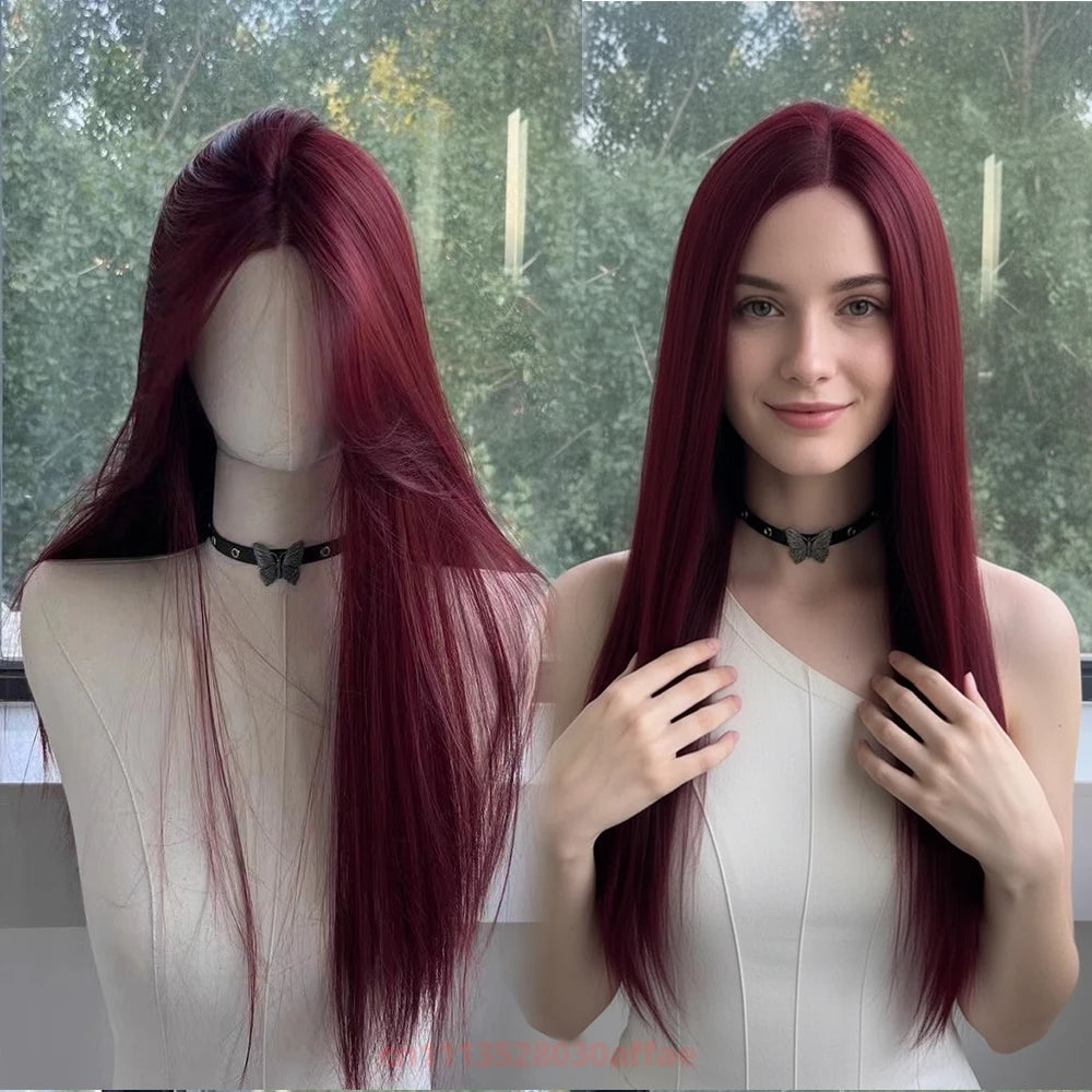 Red Wig for Women Long Straight Hair Forehead Lace Wig  for Cosplay Daily Use Lolita  Synthetic Wigs Natural Hair Heat Resistant