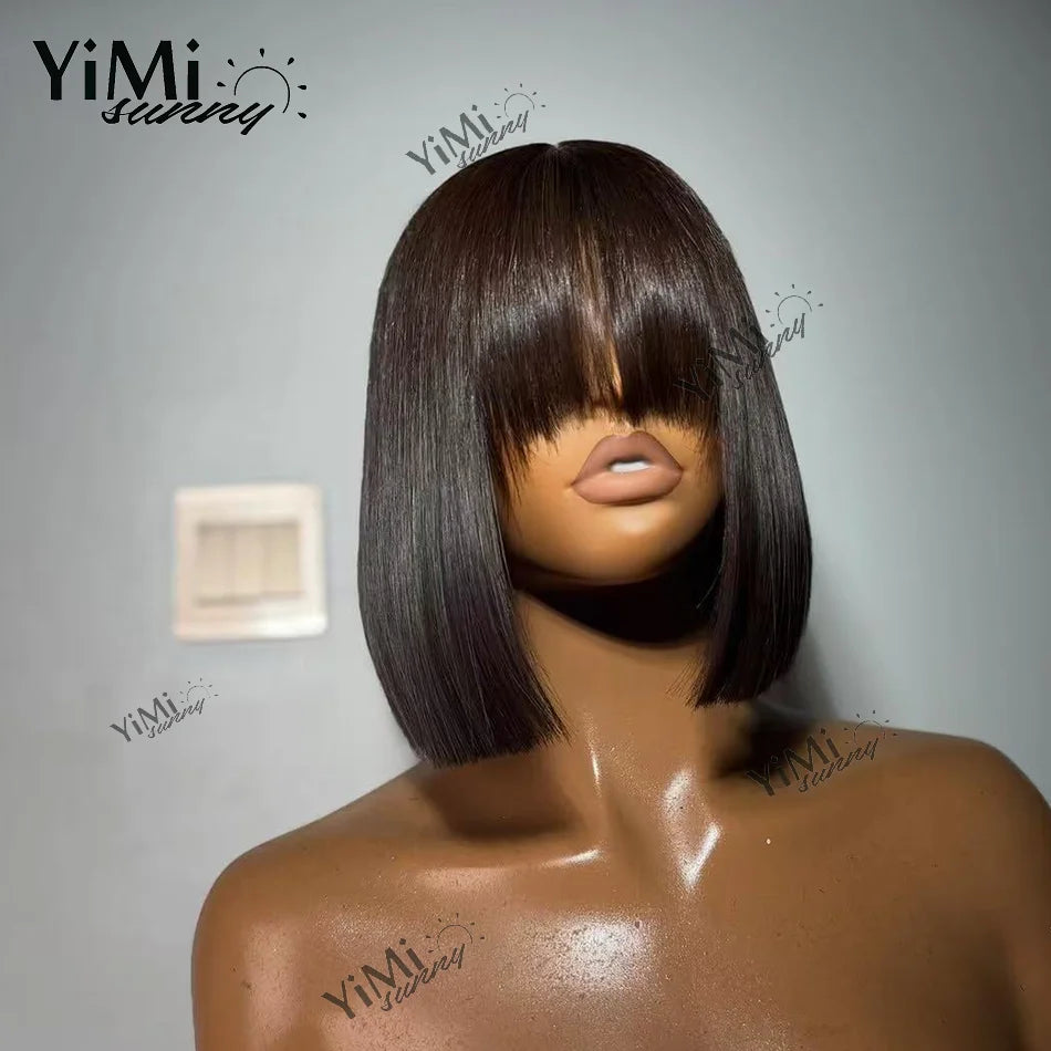 Short Straight Bob Lace Front Human Hair Wig With Bangs For Woman 4x4 Lace Closure Smooth Hair Wig High Density Yimisunny