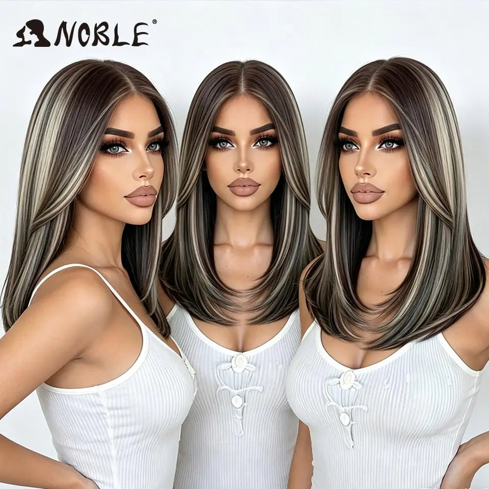 Noble Synthetic Lace Front Wig 13X3 Lace Free Part Pre Plucked Bob Wig 16" Straight Layered Ombre Grey Front Lace Wigs For Women