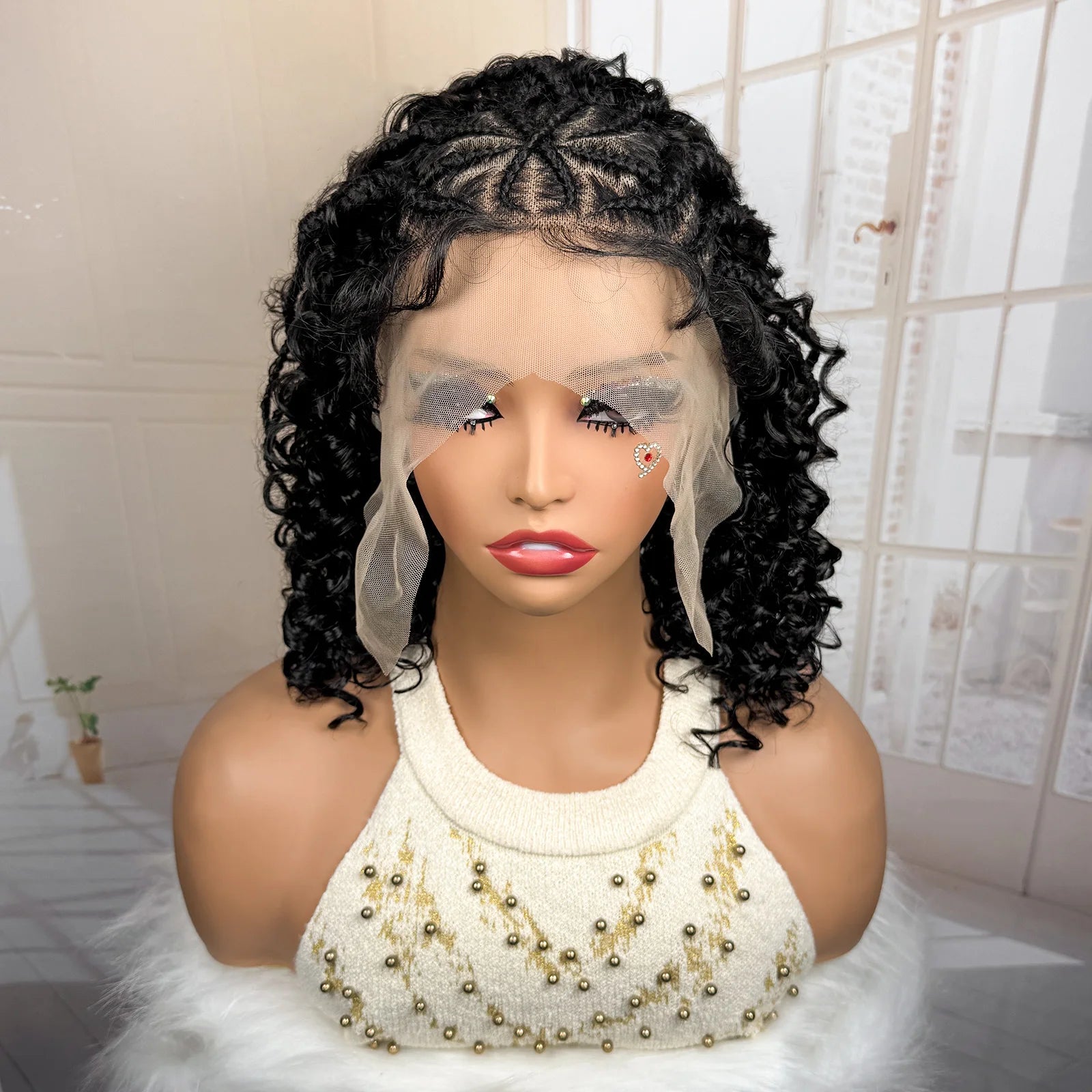 Synthetic 13x4 Lace Frontal Handmade Natural Cornrow Braided Wigs with Curly 16inch Bob African Hair Wigs for Black Women
