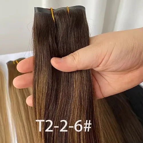 Brazilian Real Human Hair Clip-In Extensions Hard PU Braided Invisible Remy in Natural Black Brown Golden Brown Highlight Colors