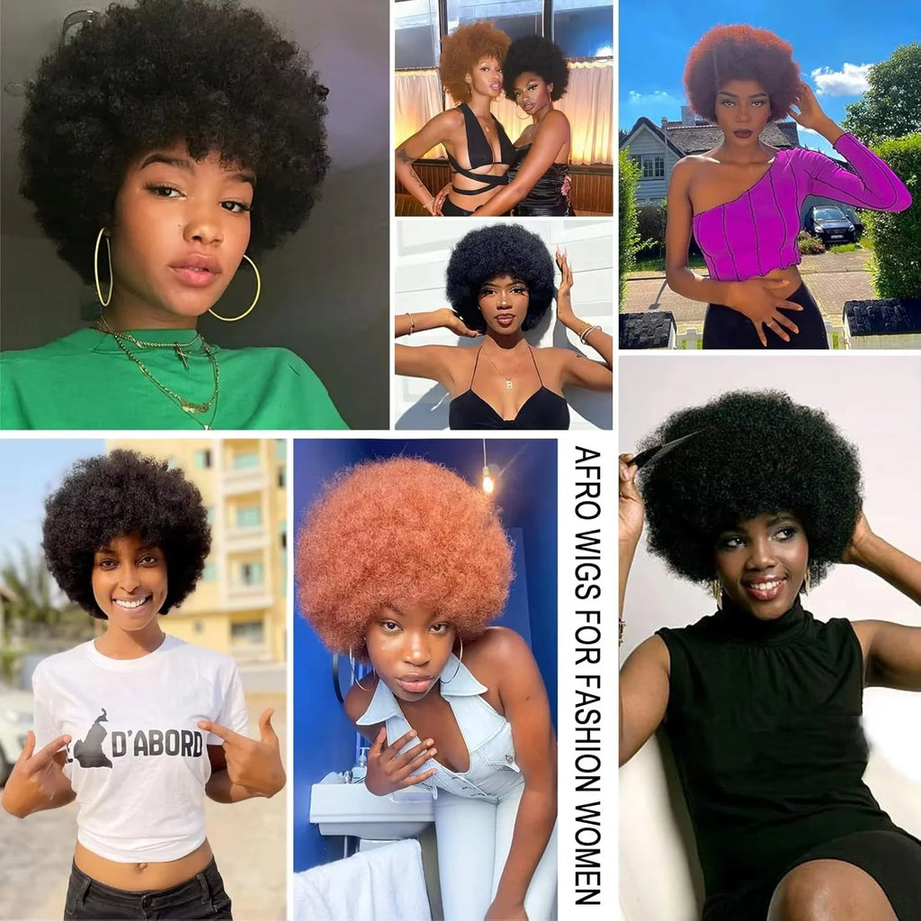 Natural Black 70s Afro Bouncy Curls Human Hair Wigs With Bangs Full Machine Made Kinky Curly Short Bob Glueless Wigs Wear and Go