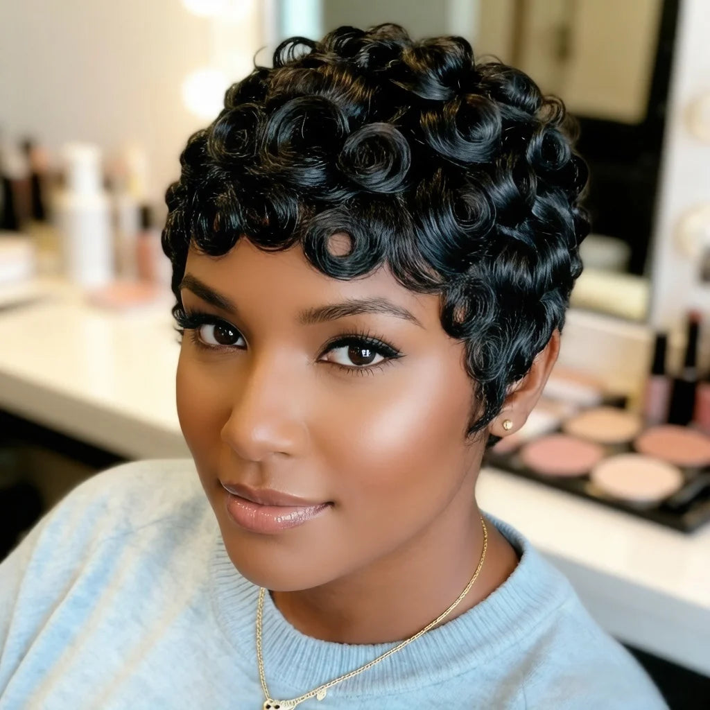 Brazilian Human Hair Wig  Short Pixie Cut with Bang Loose curly Hair for Women Full Machine Wig