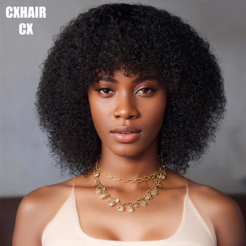 Mongolian Afro Kinky Curly Human Hair Wig With Bangs Machine Made 250% Afro Kinky Curly Wigs For Women Brazilian Glueless Wigs