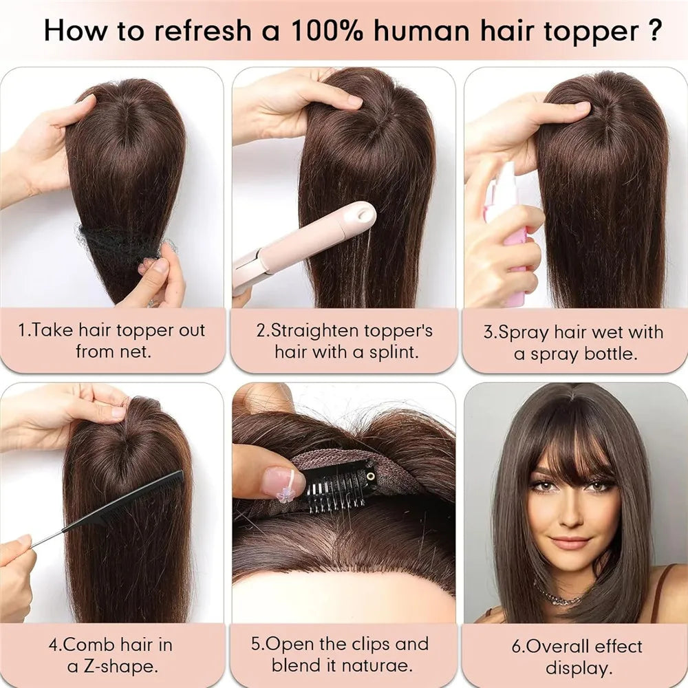 Human Hair Toppers for Women with Bangs 5"*5.5"Large Coverage Mixed Brown 100% Real Human Toppers for Women with Thinning Hair