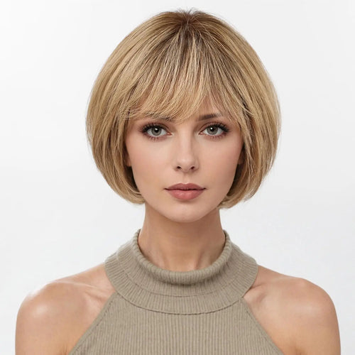 100% Human Hair Short Bob Wig with Bangs Honey Blonde Golden Highlights Glueless Wig for Women Heat Resistant Natural Daily Use