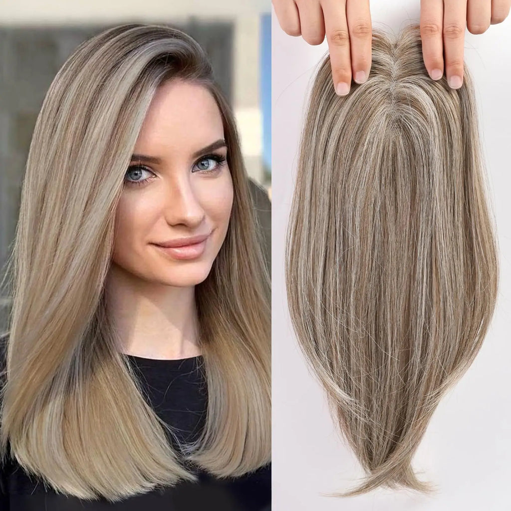Remy Human Hair Women Topper – 12" Straight Hairpiece with Lace Front & Natural Parting Clip In Wig For Woman