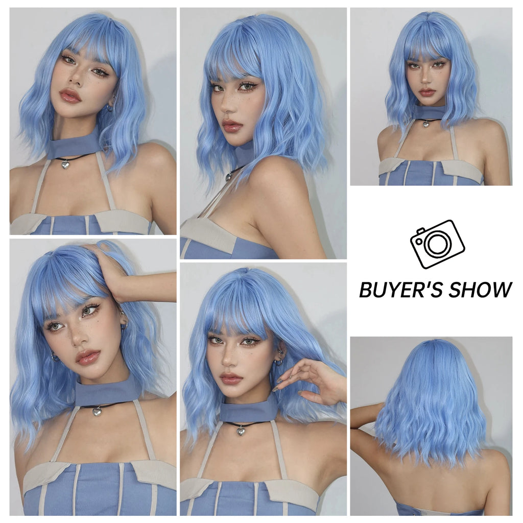 Blue Bob Curly Wavy Synthetic Wigs with Bangs Short Colorful Blue Cosplay Wig for Women DaiIy Lolita Natural Heat Resistant Hair