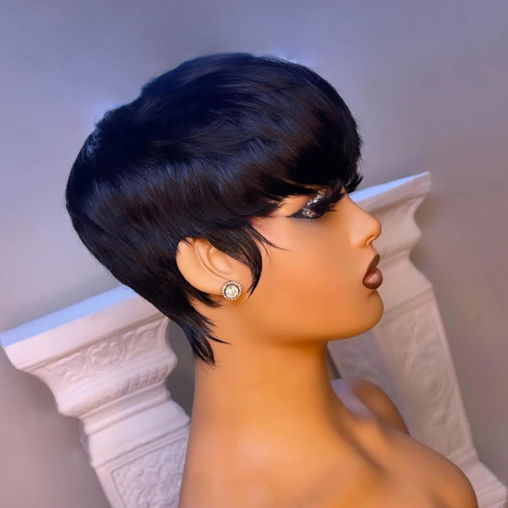 Short Straight Bob Wig Pixie Cut Wig Human Hair For Black Women With Bangs Full Machine Made Wigs Cheap Wigs Natural Black Hair
