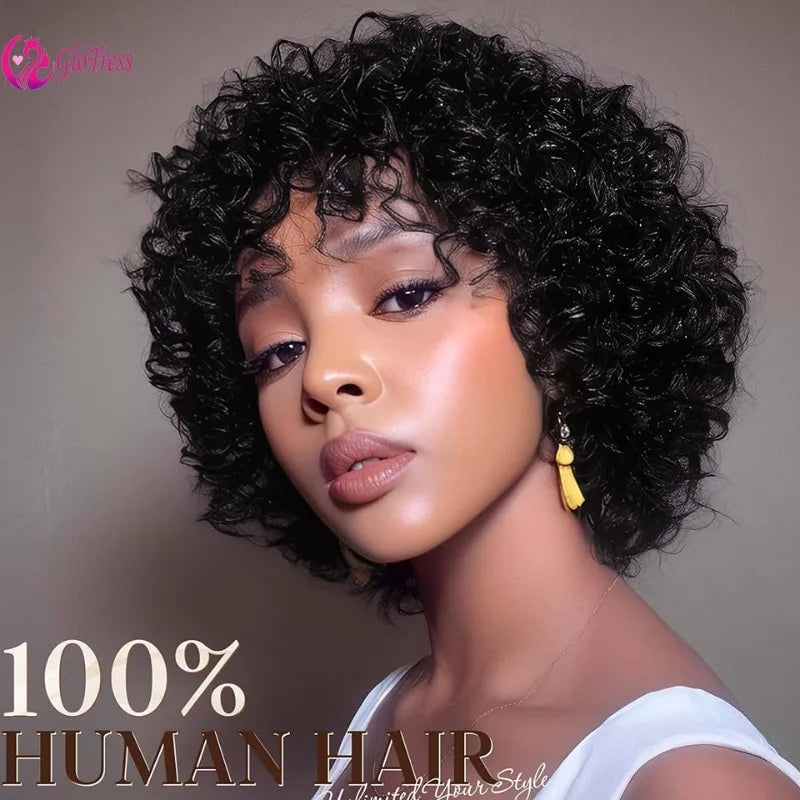 12A Human Hair Short Pixie Curly Fringe Wigs for Women 6inches Natural Color Full Machine Wigs Remy Hair with Bangs