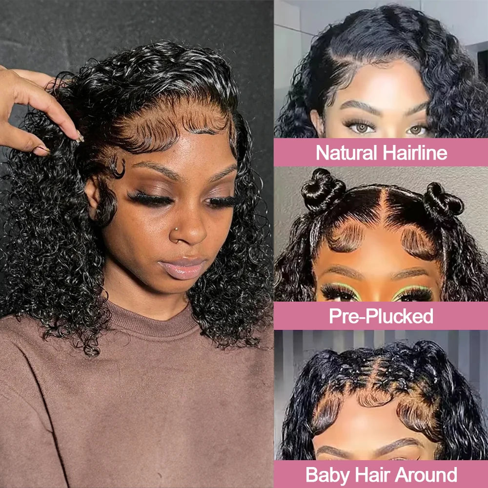 13x4 Pre Cut Lace Deep Wave Bob Lace Wigs For Women Water Curly 7x5 Glueless Wigs 8 Inch Ready To Go Human Hair Wigs Wear And Go