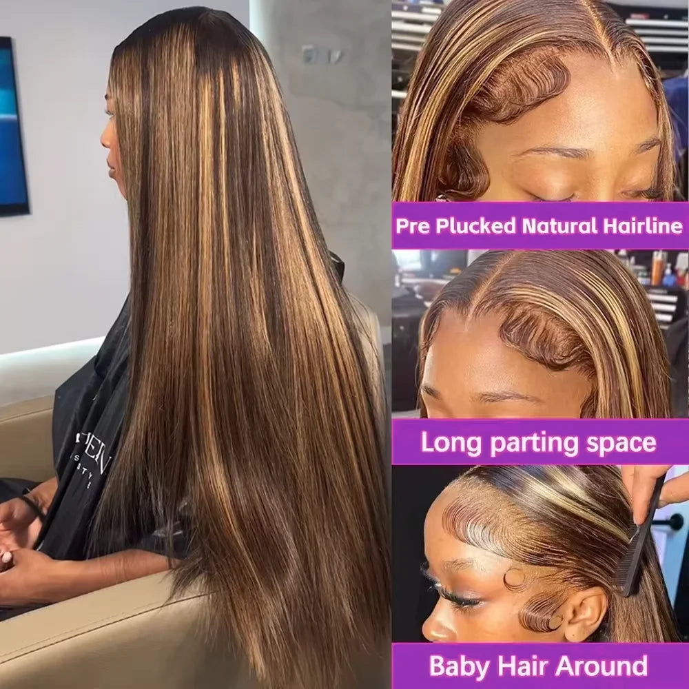 4/27Highlight Straight Lace Front Wig Human Hair 13x6 Lace Frontal Wigs Brazilian Honey Blonde Colored Wigs Remy 100% Human Hair