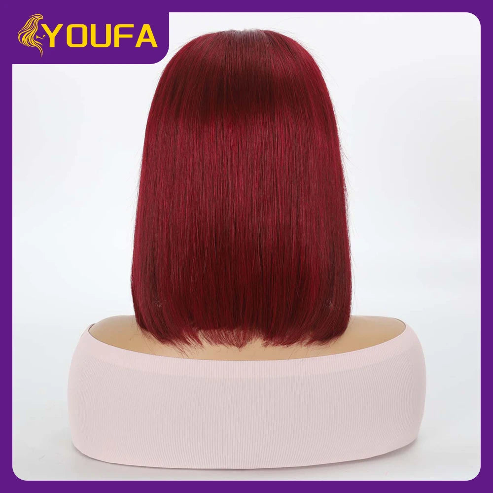 Burgundy 13x4 Lace Front Wigs With Bangs New Style 100% Brazilian Straight Human Hair Wigs Transparent Lace Frontal Bang Wigs