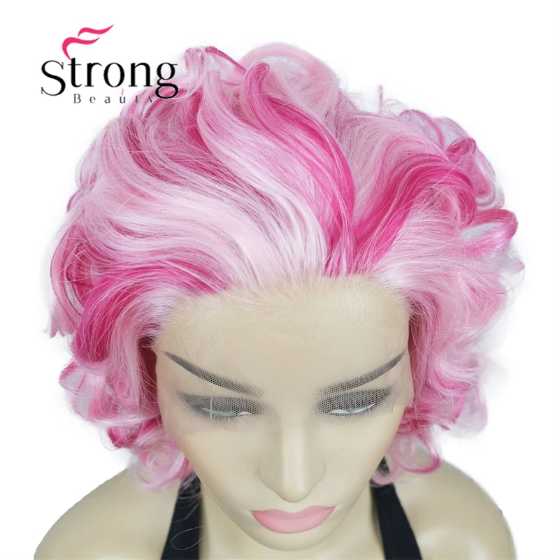 Short Curly Bob Wig Lace Front Wig Pink Synthetic Lace Front Wig For Women Natural Hairline Heat Resistant Synthetic Fiber