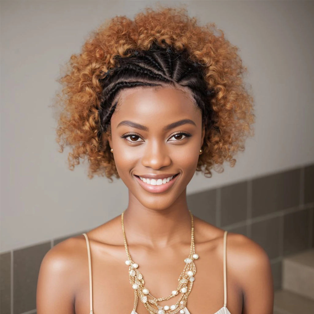 Afro Curly Wigs Colorful Human Hair Wigs with Braids 13×4 Lace Front Wig Remy Human Hair Wig for Women