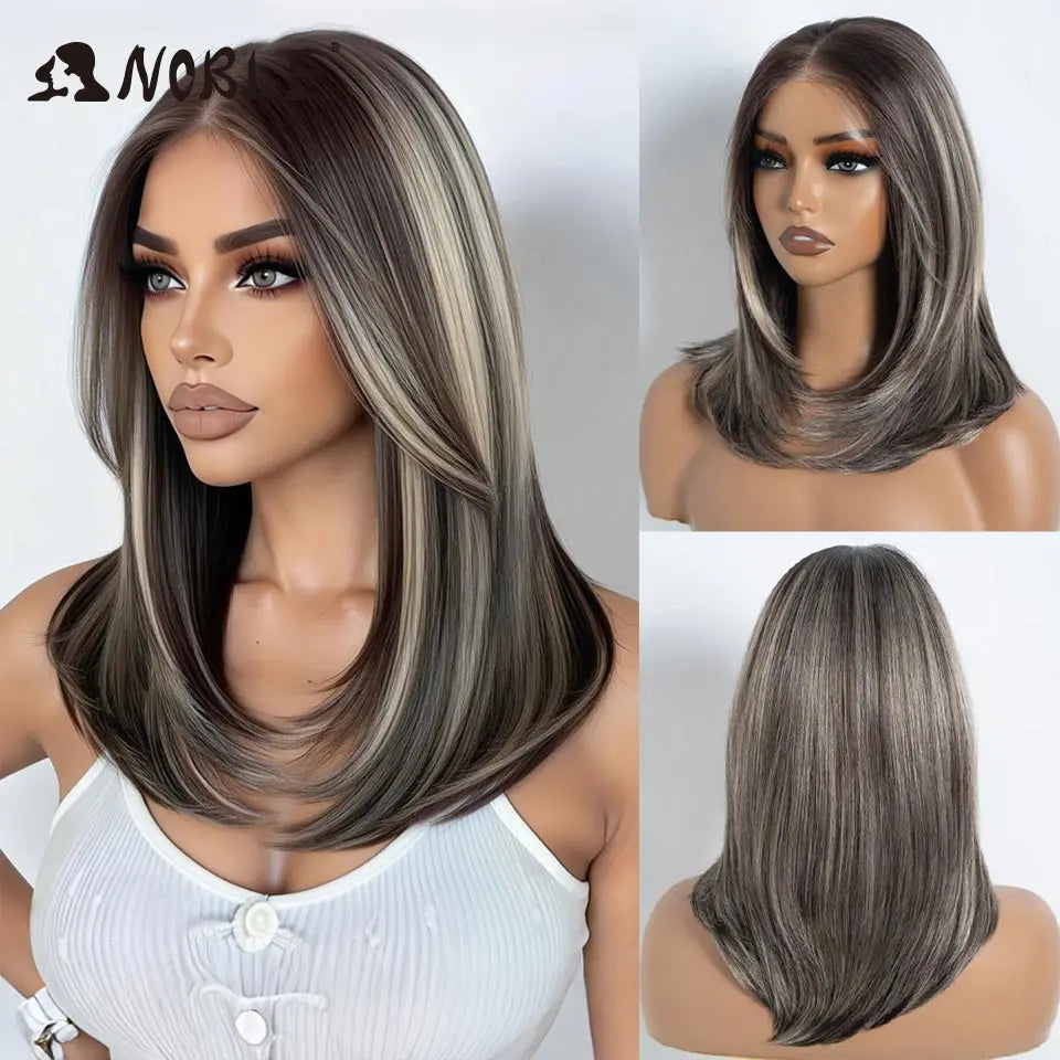 Noble Synthetic Lace Front Wig 13X3 Lace Free Part Pre Plucked Bob Wig 16" Straight Layered Ombre Grey Front Lace Wigs For Women