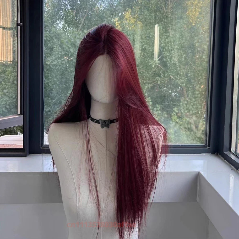 Red Wig for Women Long Straight Hair Forehead Lace Wig  for Cosplay Daily Use Lolita  Synthetic Wigs Natural Hair Heat Resistant