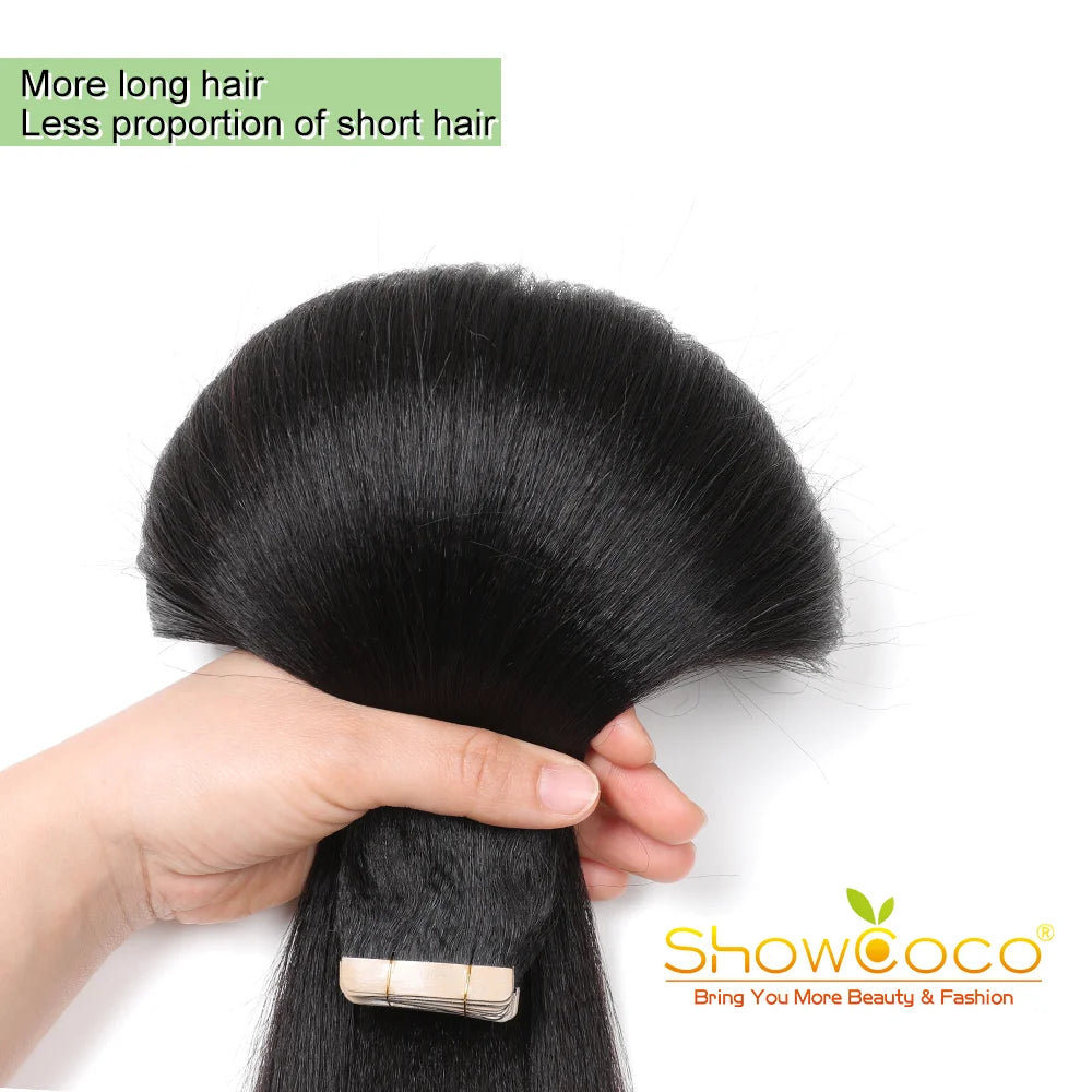 ShowCoco Light Yaki Straight Tape In Human Hair Extensions For Black Women 100% Remy Hair Nautral Color Invisible Tape