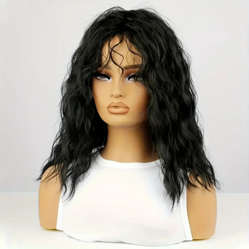 Black Curly Wigs With Bangs For Women Long Curly Wavy Wig Synthetic Layered 80s Rocker Wig Long Soft Curly Wavy Hair
