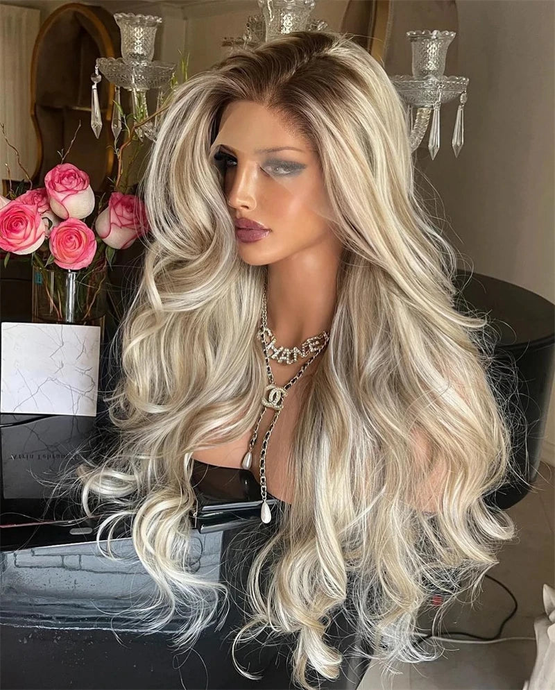 Glueless Wig Premium Fibre Synthetic Hair Lace Front Wig Platinum Ash Blonde Highlights colored Lace Front Wig Natural Hairline