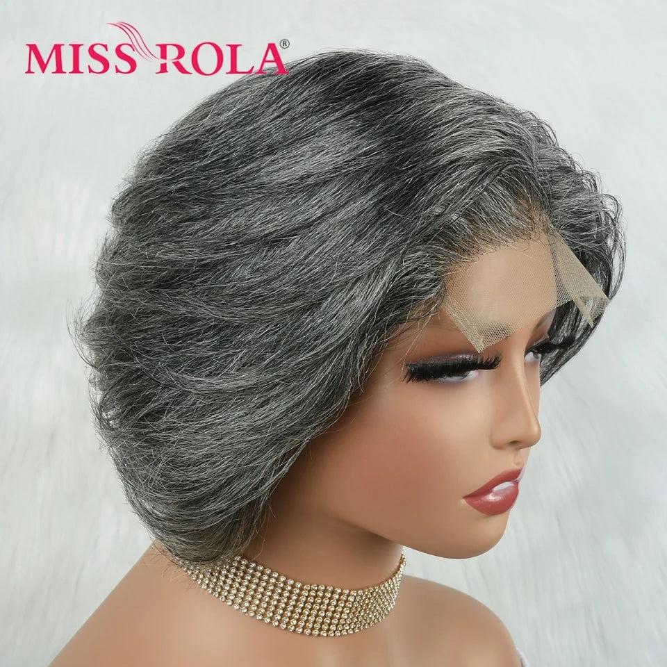 Miss Rola Brazilian 4X4 Lace Front Human Hair Wigs Grey Highlights #44 Bob Style Wavy Hair Lace Wig Remy 180% Density