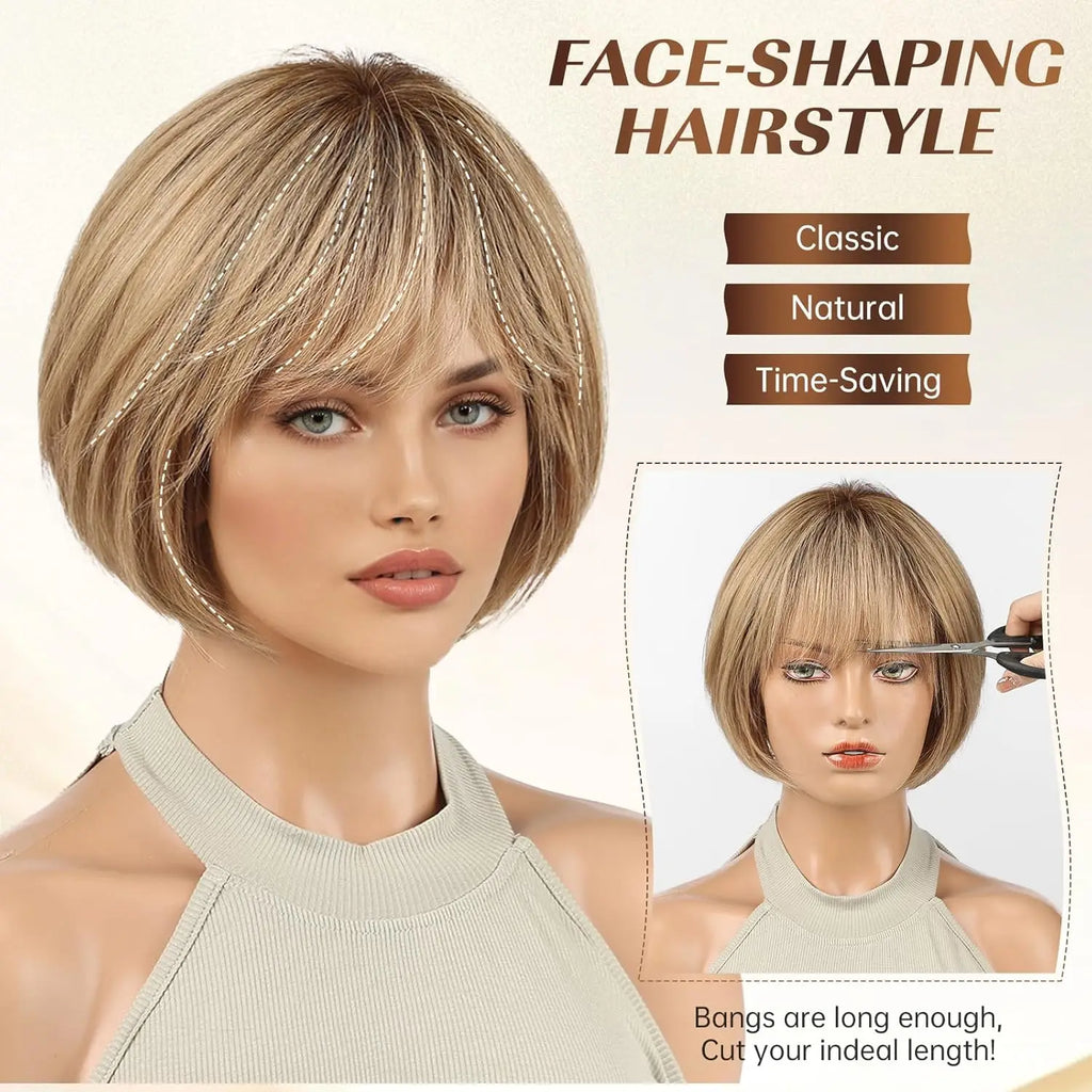 100% Human Hair Short Bob Wig with Bangs Honey Blonde Golden Highlights Glueless Wig for Women Heat Resistant Natural Daily Use