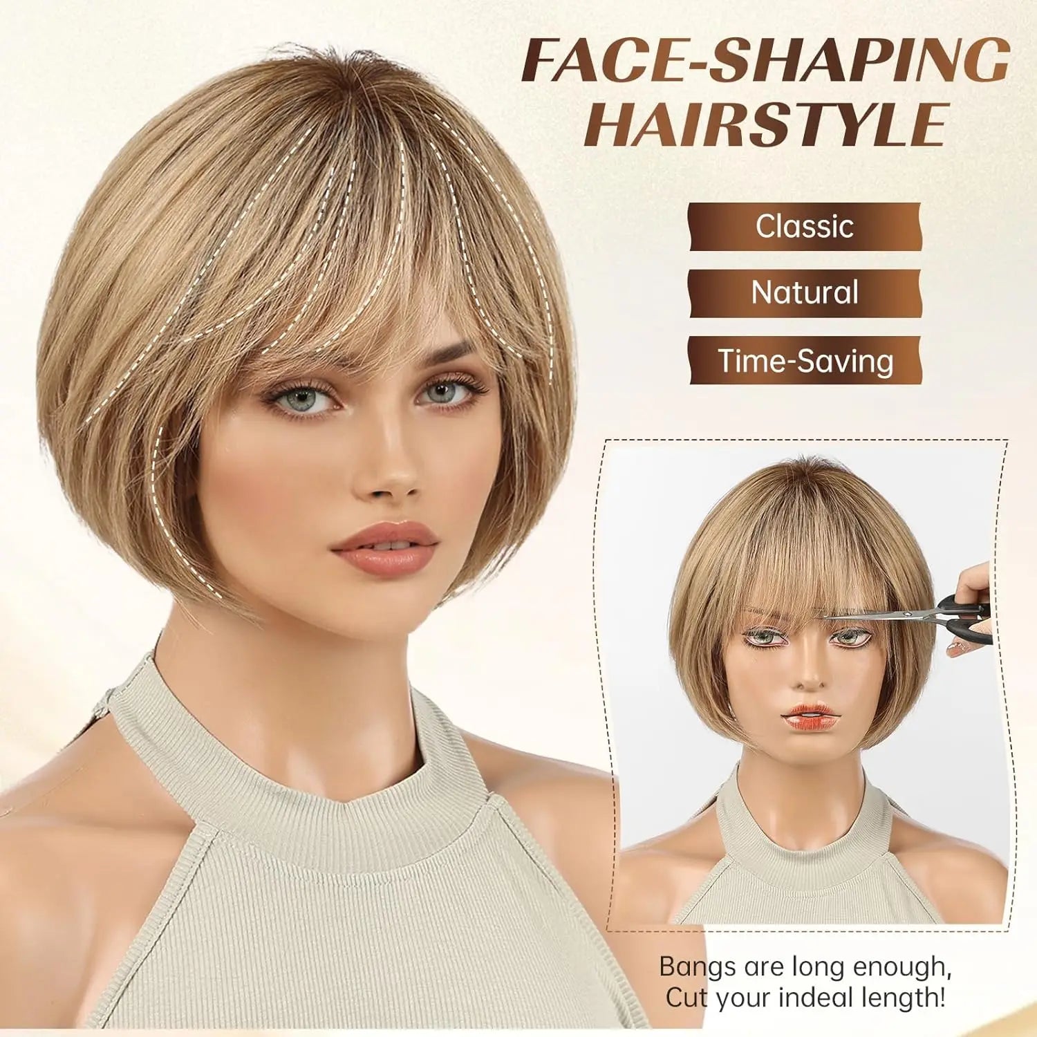 100% Human Hair Short Bob Wig with Bangs Honey Blonde Golden Highlights Glueless Wig for Women Heat Resistant Natural Daily Use