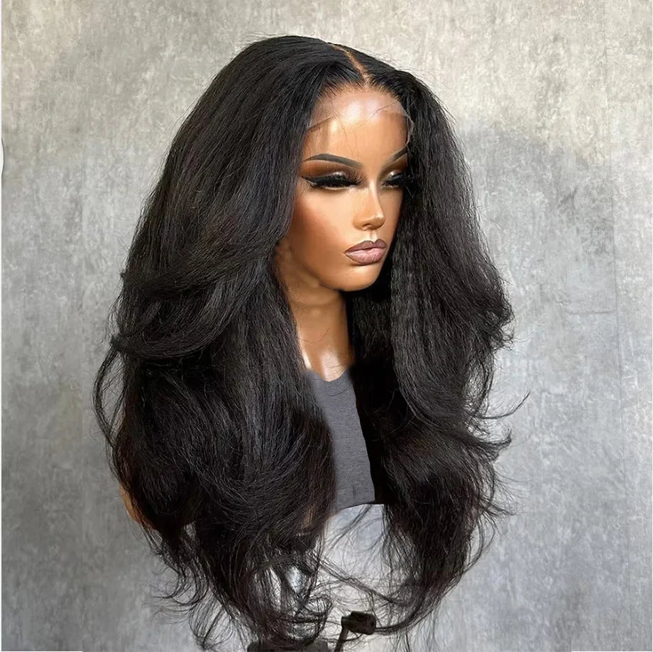 Super Soft Double Texture Yaki Body Wave 13x4 Lace Front Wig Synthetic 26Inch 180Density Kinky Straight Wavy Lace Front Wig