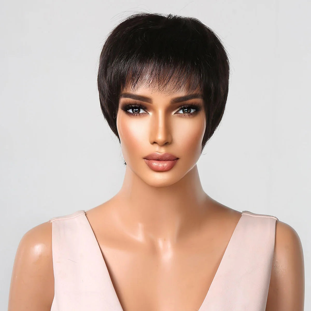 HAIRCUBE Short Human Hair Wigs for Women  Natural Straight Layered Style Wig Pixie Cut Brown Wig with Bangs 100% Remy Human Hair