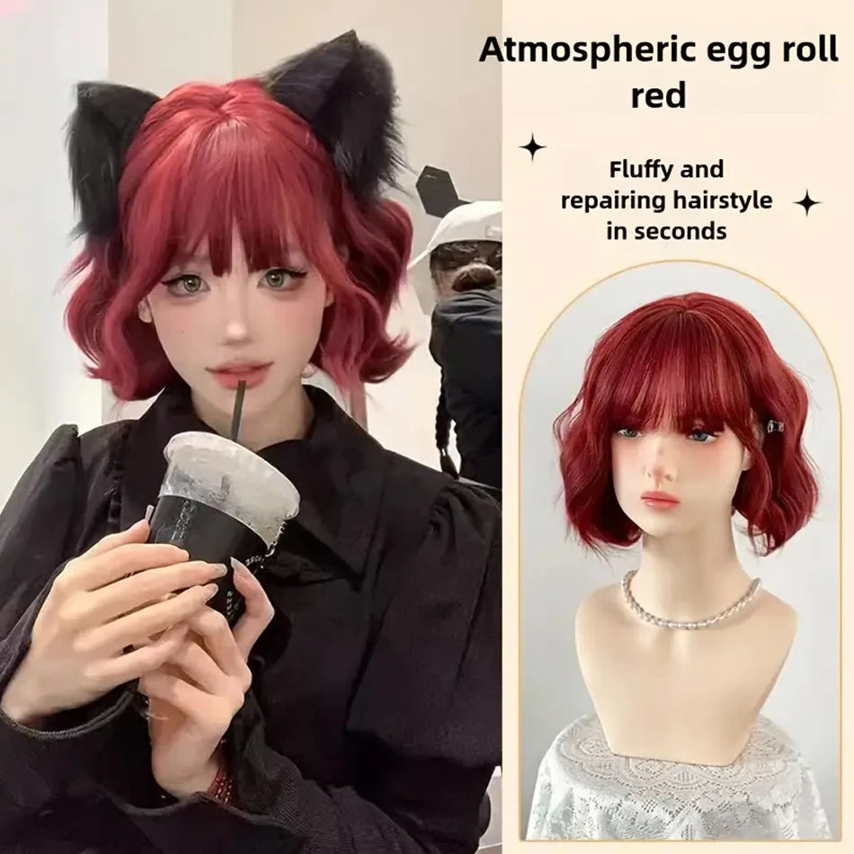 Cute Raspberry Red Synthetic Hair Short Curly Full Machine Made BOB Wig With Bangs Natural Simulated Scalp Cosplay Wig For Women