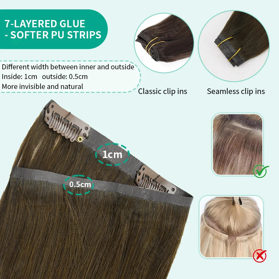 Brazilian Real Human Hair Clip-In Extensions Hard PU Braided Invisible Remy in Natural Black Brown Golden Brown Highlight Colors