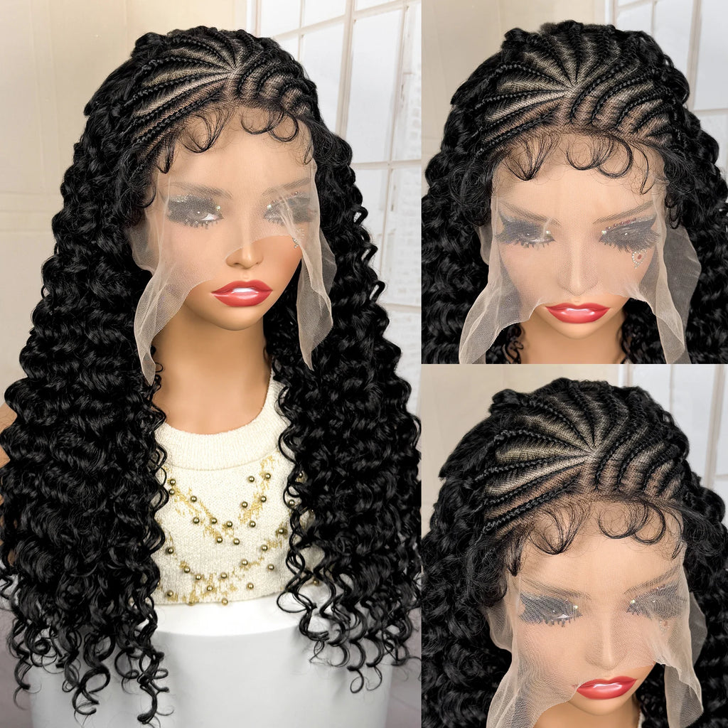13x6 Lace Frontal Synthetic Cornrow Braiding Wig with Curly 22 Inches Handmade African Braids Hair Wigs for Black Women
