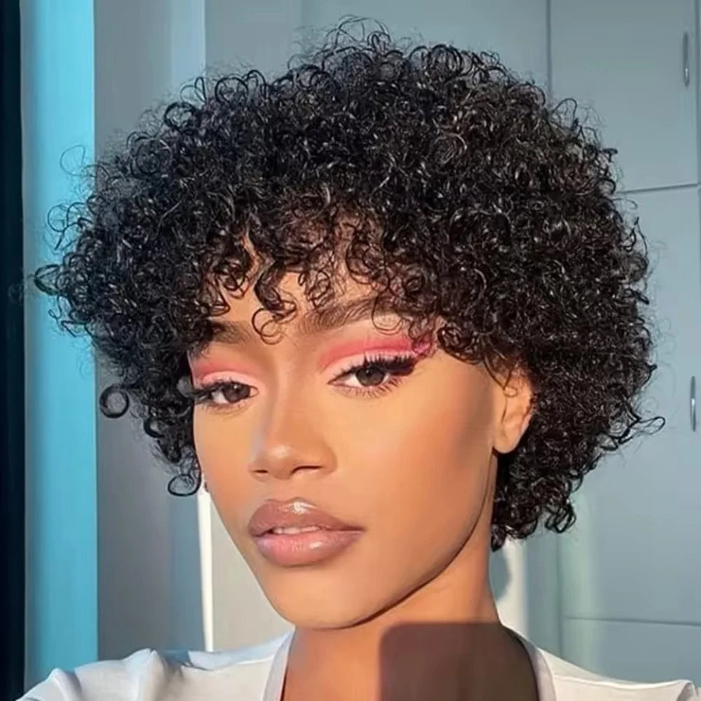 Jerry Curly Bob Wig Bouncy Wave Human Hair Wigs For Black Women 8 Inch Short Pixie Afro Kinky Curly Wig With Bangs Hair Wigs