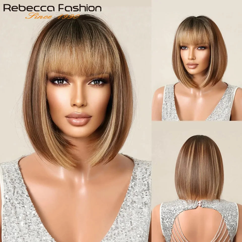 Rebecca Human Hair Wigs For Women Straight Bob Brazilian Hair Wigs Omber Blonde Brown Colored 3x1 Part Lace Wigs Real Woman Wigs