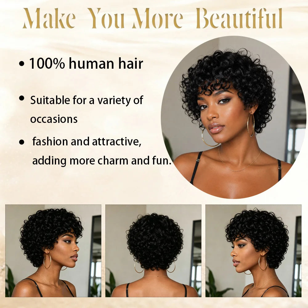 Short Curly Human Hair Wig For Women Brazilian Human Hair 6Inch Curly Pixie Cut Human Hair With Bangs Layered Full Machine Made